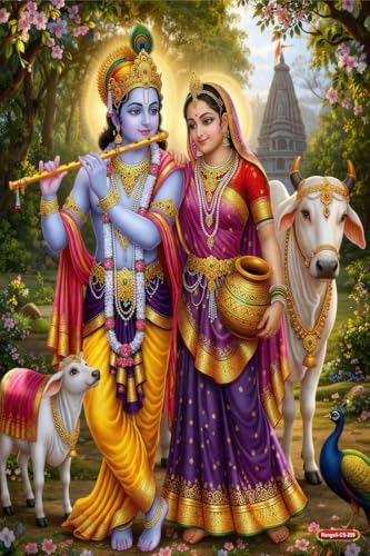 Image of Rangoli Radha Krishna Self Adhesive Poster 12x18 Inch | Hindu God Wall Sticker Poster with Cow & Calf for Home Temple Pooja Room Living Room Bedroom Decor | Spiritual Devotional Wall Art