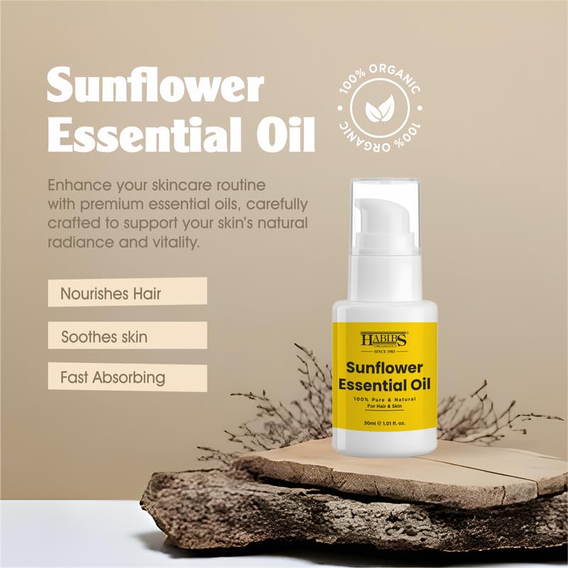 Image of Habibs Orgamatic Pure Sunflower Carrier Oil - 100% Natural, Cold-Pressed for Skin, Hair & Massage 30ML