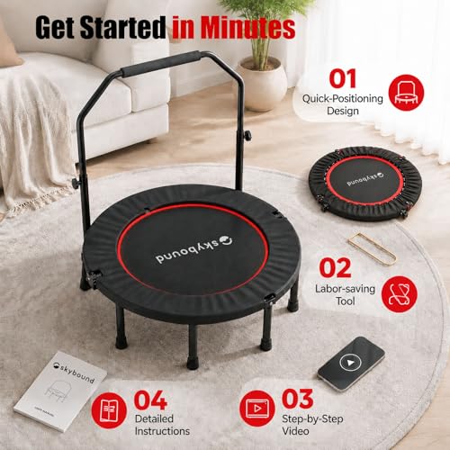 Image of SkyBound Rebounder Trampoline for Adults - Indoor Mini Trampoline with Bar, Fitness Rebounder with 3 Adjustable Foam Handles, Exercise Trampoline for Adults Indoor /Garden Workout