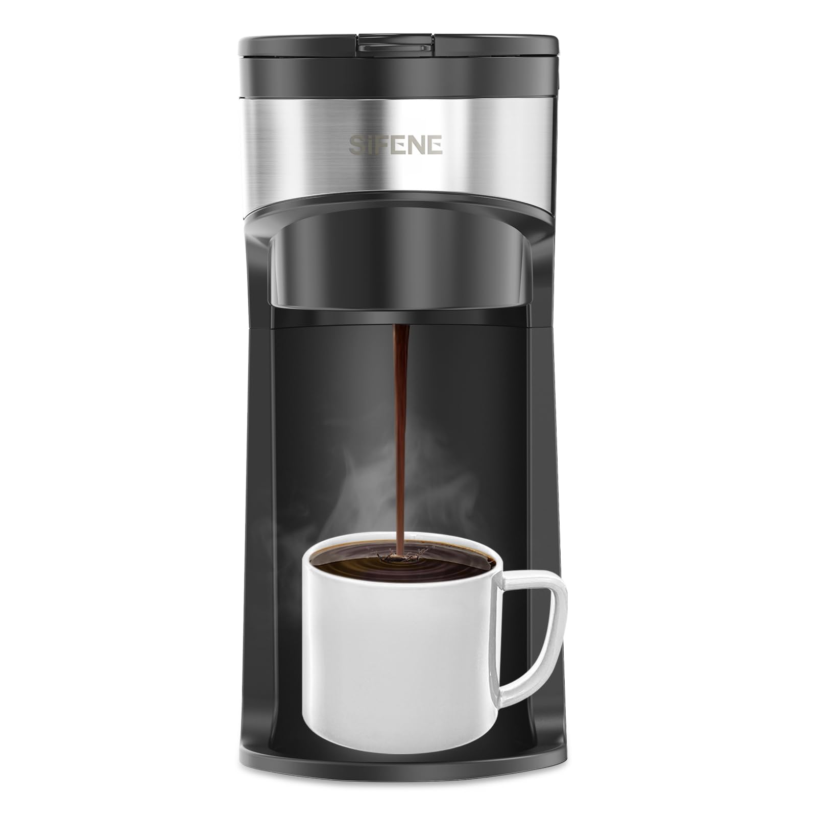 SIFENE Mini Single Serve Drip Coffee Maker – 2-in-1 Portable Machine for K-Pods & Grounds. Fast Brew, Easy Clean, Auto Shut-Off, Water Window, Descaling Reminder. BLACK