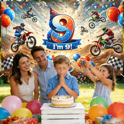 Image of Nuxovilar Happy 9th Birthday Banner Yard Sign 71 inchx43in Polyester Backdrop | Celebrate Party Supplies, Celebration Decor. Dirt Bike Birthday Party Decorations. Yard, Garage, Room. (Dirt Bike 9th)