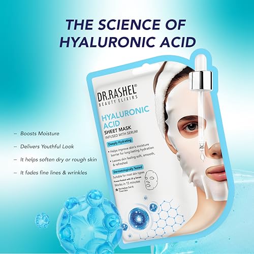 Image of DR.RASHEL Hyaluronic Face Sheet Mask With Serum For Women And Men | All Skin Types | Repairing & Nourishment | Soothing And Hydrating | Paraben Free | Pack Of 4 | 20 Grams Each