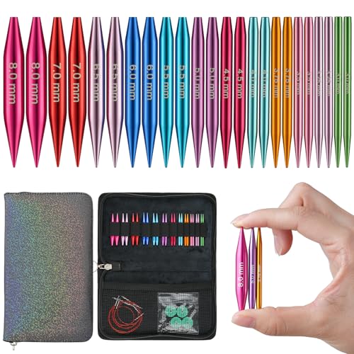 Austauschbares Rundstricknadel-Set mit 12 Paar kurzen Stricknadeln (5,5 cm) in den Stärken 3-8 mm für Socken, inklusive Kabeln, Zubehör & Metalltasche