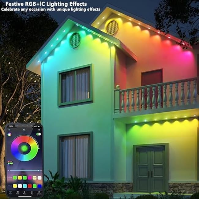 Permanent Outdoor Lights,200ft RGB + IC Smart LED Eaves Lights with App & Remote Control, IP67 Waterproof,for Christmas and All Holiday Decor,Daily and Accent Lighting,House Roof and Garden Lighting