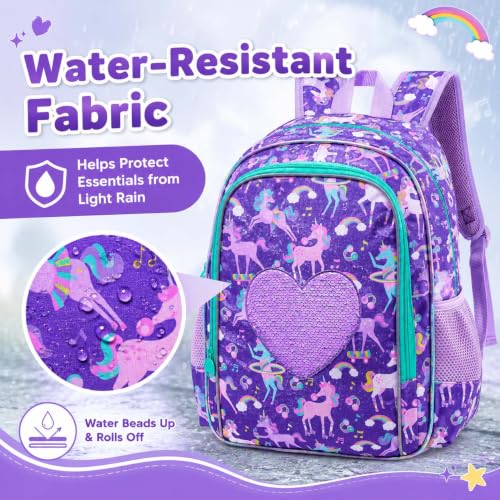 Image of 3Pcs Unicorn Backpack for Girls, 16 inch Sequin Kids Bookbag with Lunch Box，School Backpacks for Elementary Preschool Kindergarten (Purple)