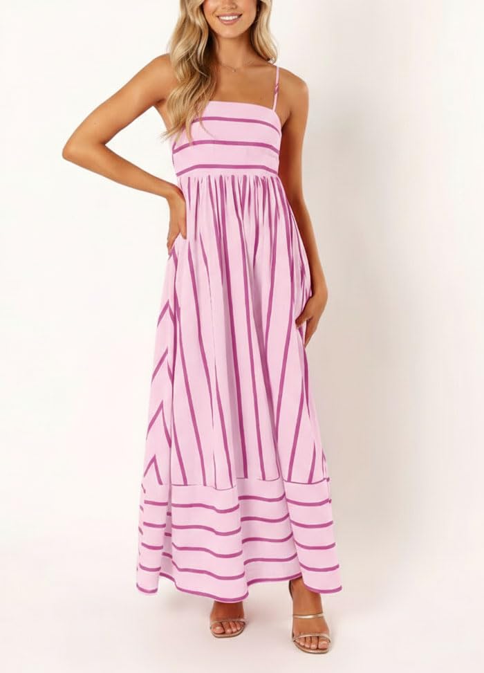 Image of chouyatou Women's Striped Back Smocked Maxi Dress Sexy Spaghetti Strap Cut Out Flowy Swing Long Dress
