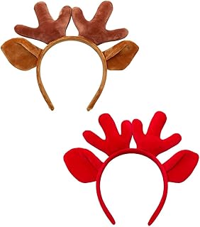 Diadema clásica simple de felpa suave con cuernos de color marrón y rojo, juego de 2 piezas de banda de pelo de Navidad de ciervo pequeño