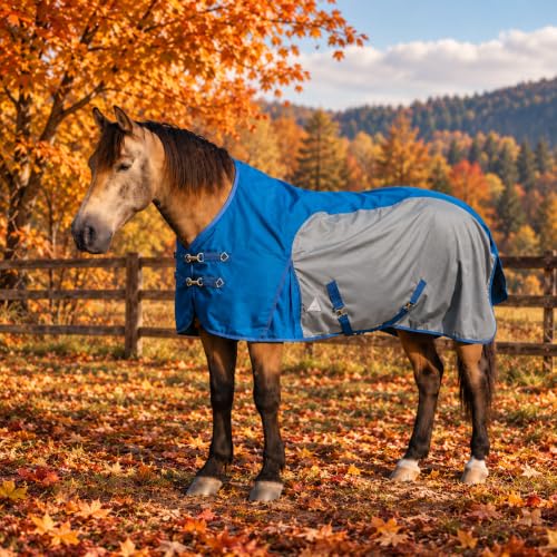 Brama-West Turnout Manta de lluvia para caballo Zuzi, Turnout 1200D, manta de invierno con cuello alto, impermeable, color azul/gris, tamaño: 105 cm