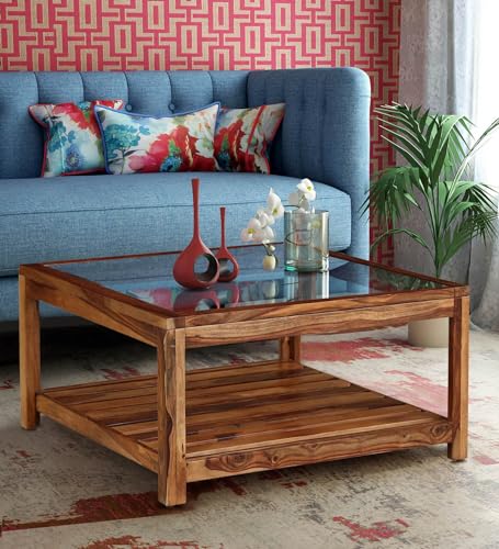 Image of BWF Premium Sheesham Wood Frame & Transparent Solid Glass Top Centre Table for Home, Office and Reception Areas | Coffee Table | Sofa Table | Under Table Shelf Storage (Natural Finish, Square Shape)