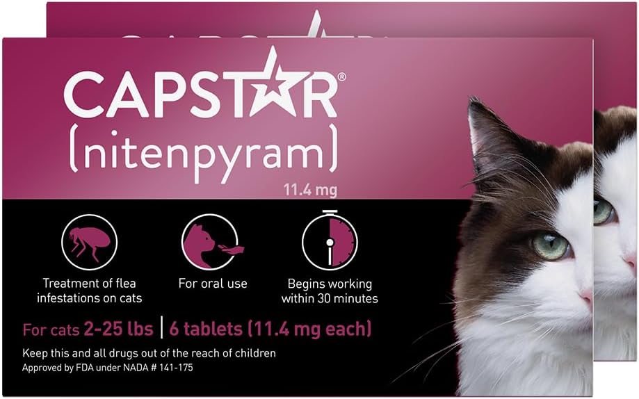 Capstar (nitenpyram) Cat Flea Treatment, Fast-Acting Oral Flea Treatment for Cats 2-25 lbs, Vet-Recommended Medication Tablets Start Killing in 30 Minutes, 12 Doses (Includes Two 6-Count Boxes)