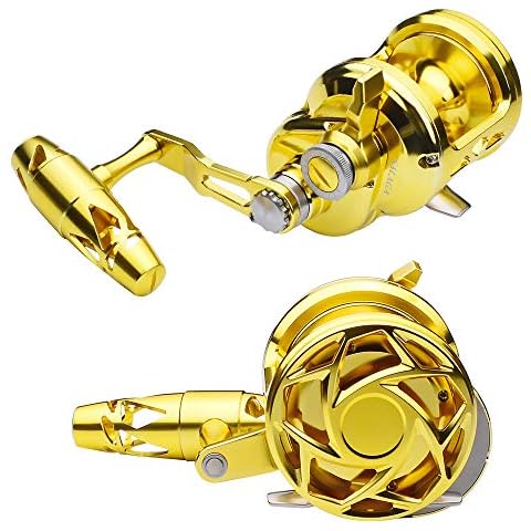PROBEROS Fishing Conventional Jigging Reel Saltwater - Heavy Duty Deep Ocean Big Offshore Round Aluminum Trolling Reels 1PC Gold Left Hand Cover