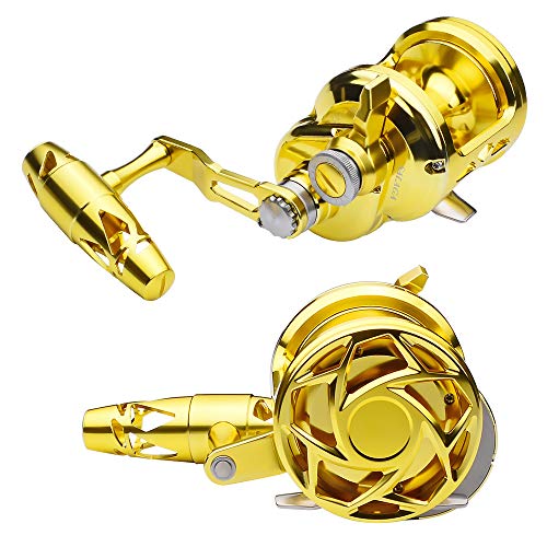PROBEROS Fishing Conventional Jigging Reel Saltwater - Heavy Duty Deep Ocean Big Offshore Round Aluminum Trolling Reels 1PC Gold Left Hand