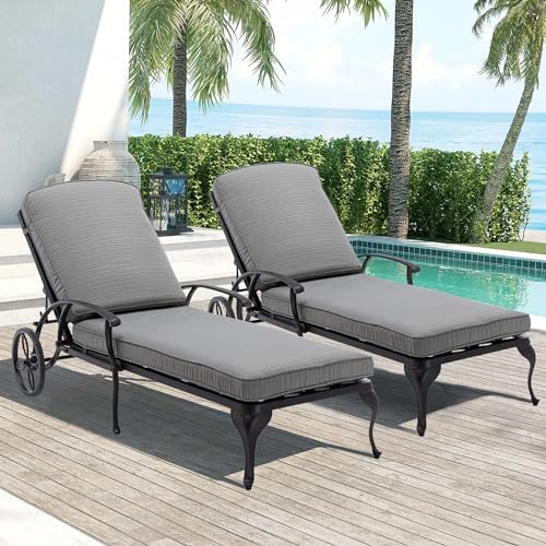 Villeston Chaise Lounge Chair Outdoor- Set of 2 Patio Pool Chairs Tanning Lounges for Outside Beach Lounger Reclining Cast Aluminum with Gray Cushions
