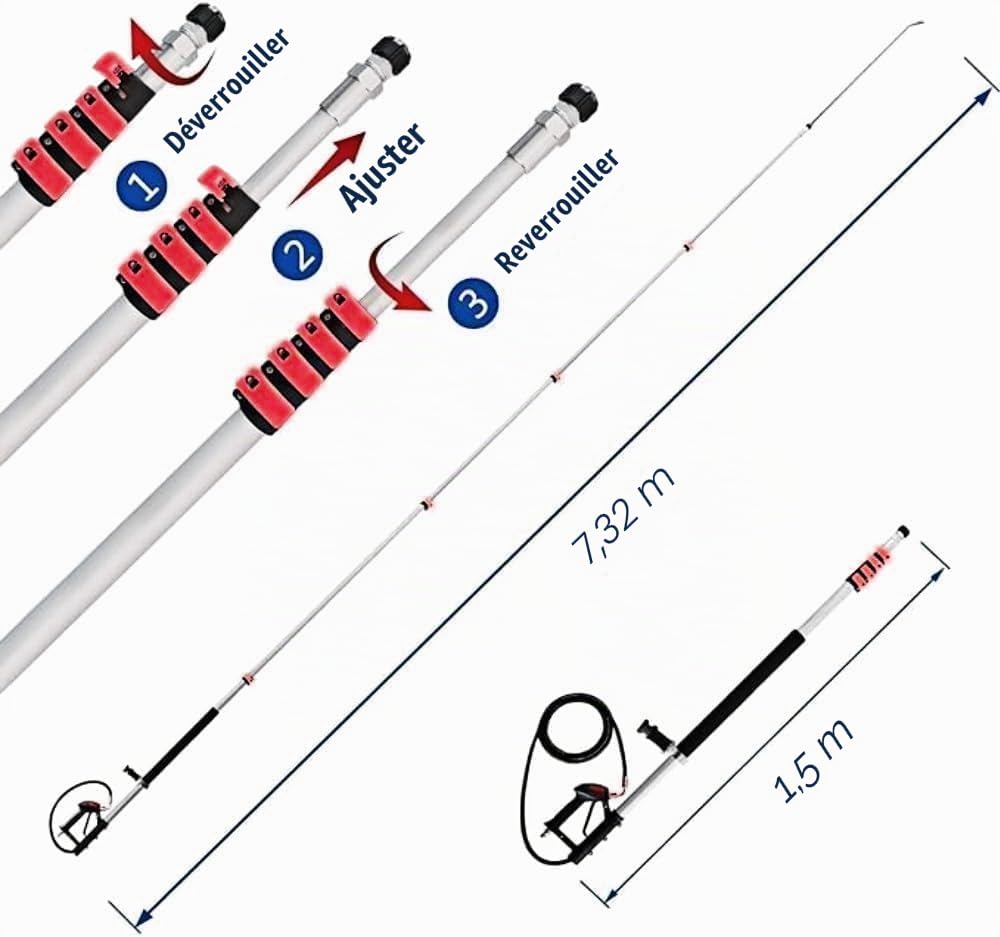 Baguette télescopique pour nettoyeur haute pression de 7,3 m avec baguettes d'extension pour nettoyeur haute pression, tête de brosse, nettoyeur de gouttière, 7 embouts de buse de pulvérisation, 2