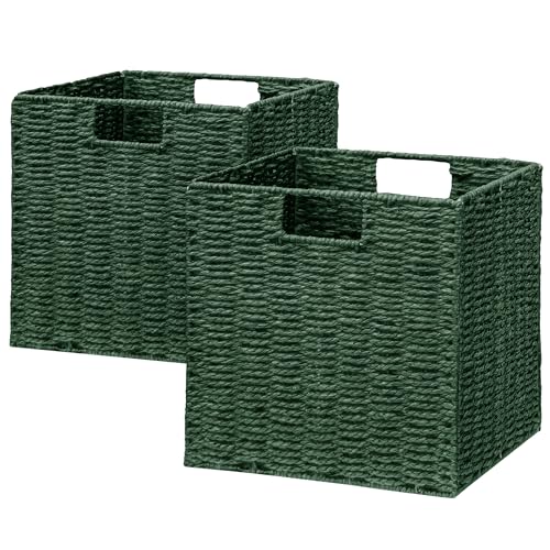 Vagusicc Wicker Storage Basket, Set of 2 Hand-Woven Paper Rope Wicker Baskets, Foldable Cube Storage Bins, Square Storage Baskets for Organizing Shelves & Decor, Green (11″×11″×11″)