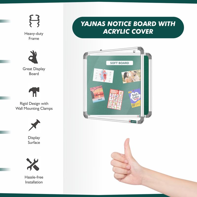 Image of YAJNAS 4X4 Feet Premium Material Green Designed Notice Board with Acrylic Door /Soft Board /Bulletin Board /Pin-up Display Board for Study Room, Office, School & Home Use