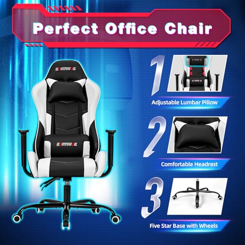 Image of ECOTOUGE PC Gaming Chair Massage Ergonomic Office Desk Chair Racing PU Leather Recliner Swivel Rocker with Headrest and Lumbar Pillow, White