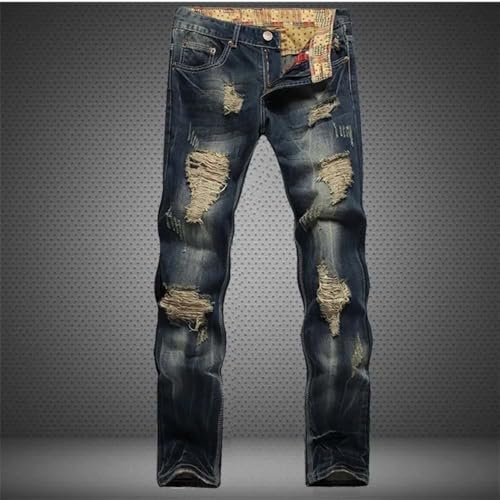 Hndudnff Men's Casual Ripped Jeans Slim Fit Distressed Straight High Street Long Denim Pants3