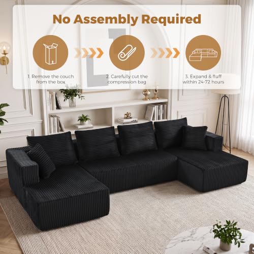 Image of 132 inch Boneless Couches for Living Room, U Shaped Modular Sectional Corduroy Comfy Cloud Memory Foam Deep Seat Boneless Sofa, No Assembly Required Couch for Living Room with Double Chaise, Black