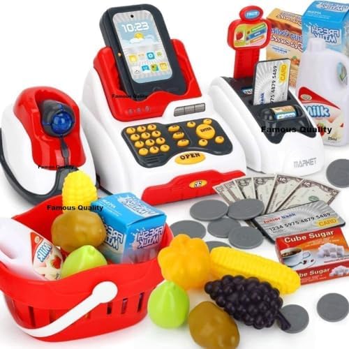 Famous Quality Big Toy Cash Register for Kids with Checkout Scanner, and Food Shopping Play Money and Food Shopping Play Set (Pack of 1 Set)