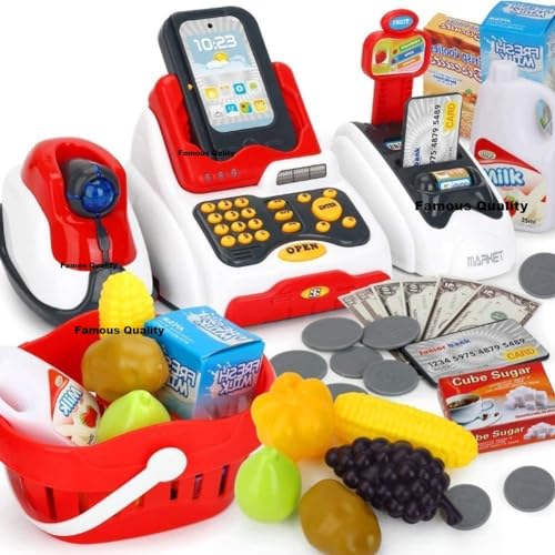 Famous Quality Toy Cash Register for Kids with Checkout Scanner, and Food Shopping Play Money and Food Shopping Play Set (Pack of 1 Set)