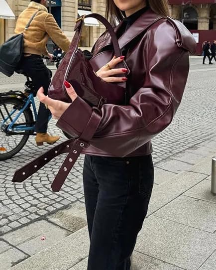 Women's Spring Streetwear Pu Lapel Fashionable Adjustable Cuffs Motorcycle Jacket4