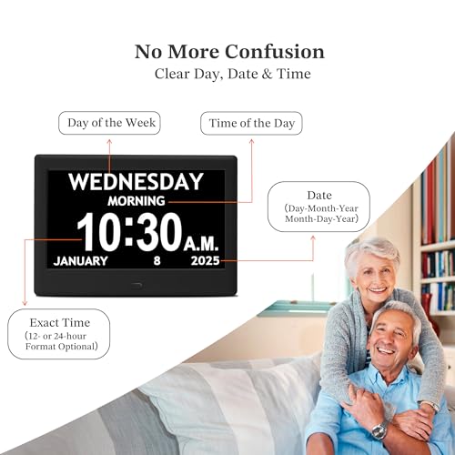 Image of 2025 NEW, Digital Clocks, 7'' Dementia Clock with Date and Time for Elderly, Auto-Dimming, 12 Reminders & 6 Alarms, Button & Remote Control, Auto DST, Digital Calendar for Seniors Large Display