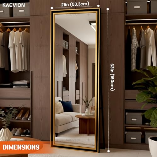 Image of Full Length Chavel Mirror, 5.25 Feet Standing, Leaning, Wall-Mounted or Floor Mirror with Black & Golden Frame, Rectangular 5MM HD Glass Mirror for Bedroom, Living Room or Home Dcor