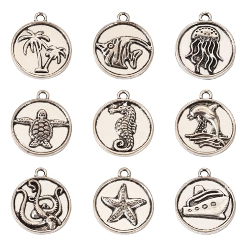 KISSITTY 18Pcs Tibetan Style Ocean Theme Charms Antique Silver Flat