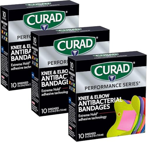 CURAD Performance Series Antibacterial Bandages Elbows and Knees 3 x 3 30 Count