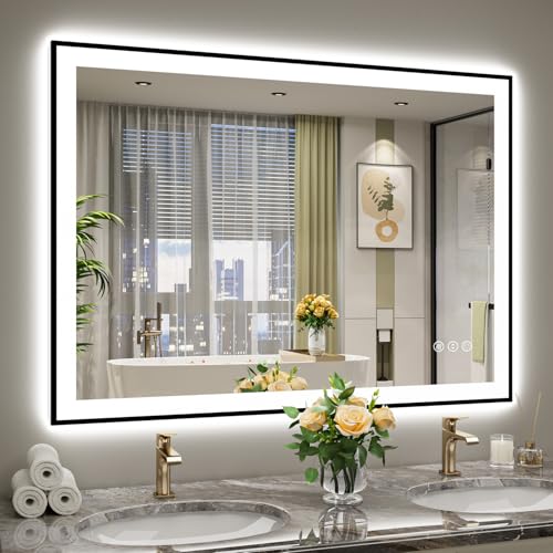 Image of 48x36 Inch LED Bathroom Mirror with Lights (Front Lit and Backlit) Black Framed Lighted Vanity Mirror for Bathroom Wall Dimmable Anti-Fog Memory Tempered Glass Horizontal /Vertical