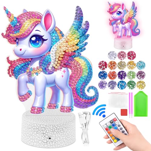 Homgaty Regalos de unicornio para niñas 5, 6, 7, 8, 9, 10 años, juego de manualidades con pintura de diamantes, niños y niñas, luz nocturna creativa, manualidades en cumpleaños infantiles, regalos de