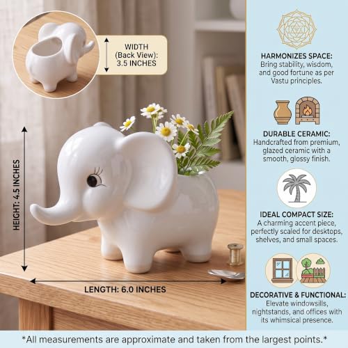 Image of Ceramic Elephant Succulent Planter Pots - Set of 2, White Decorative Flower Vases for Indoor Home Decor, Office Desk, Living Room & Gifting - Cute Animal Shape Pots for Small Plants