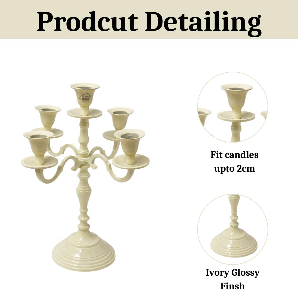 Extreme Karigari 5 Arm Metal Candelabra Candle Stand | 12 Inch Tall Decorative Candlestick Holder for Dining Table, Living Room, Wedding & Home Decor (Ivory) 2