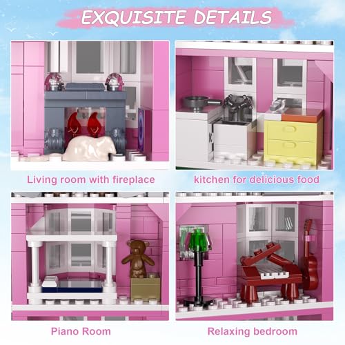 Image of Pink Palace House Building Set, Halloween Mansion Model Toys Kit, Haunted House Building Blocks, Compatible with Lego, Horror Architecture for Kids Adults, Christmas or Holiday (566PCS)