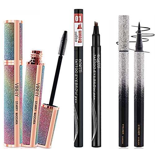 Silk Fiber Eyelash Mascara ,with Eyebrow pencil, Eyeliner pencil ,Curling Thick,Waterproof Lasting Mascara for Eye Makeup Natural Voluminous Look 3 styles (Set 04)