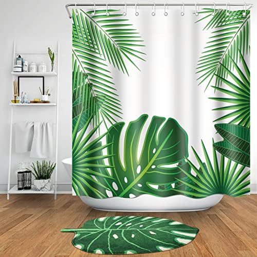Shower Curtain Set with Rug, 2 Pcs Boho Bathroom Set with Green Leaf Bath Mat Non Slip Waterproof Fabric Tropical Plants Shower Curtain with 12 Hooks Washable Bath Rug Carpet for Boho Home Decor Gift