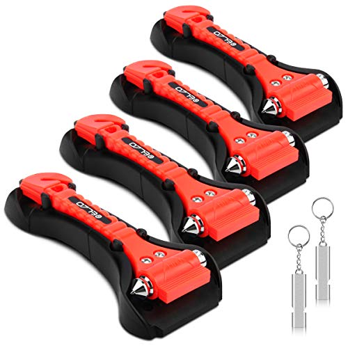 ELZO 4 Pack Autoveiligheidshamer 2 in 1 Vluchtweggereedschap Raambreker en Gordelsnijder Reddingsset met Survival-fluit (Zwart + Rood (4 pakken))