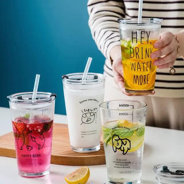 Image of ANKUL Cartoon Creative Printed Glass Tumblers with Lid and Straw - 350 ml Reusable Smoothie & Water Glasses - Cold Drink Cups (Random Design) (1, Patiyala)