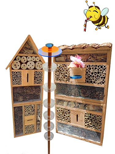ÖLBAUM Insektenhaus Dunkelbraun Teak Look mit Schmetterlingshaus braun Gartendeko-Stecker als funktionale Bienentränke…
