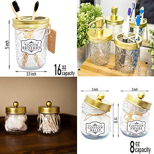 eatelle Mason Glass Bathroom Accessories Set Gold 4 Pieces, Soap/Lotion Dispenser, Qtip/Swabs, Cotton Balls, Toothbrushes Holder - Modern Decor Apothecary Jars Countertop, Vanity Organizer - Thumbnail 5