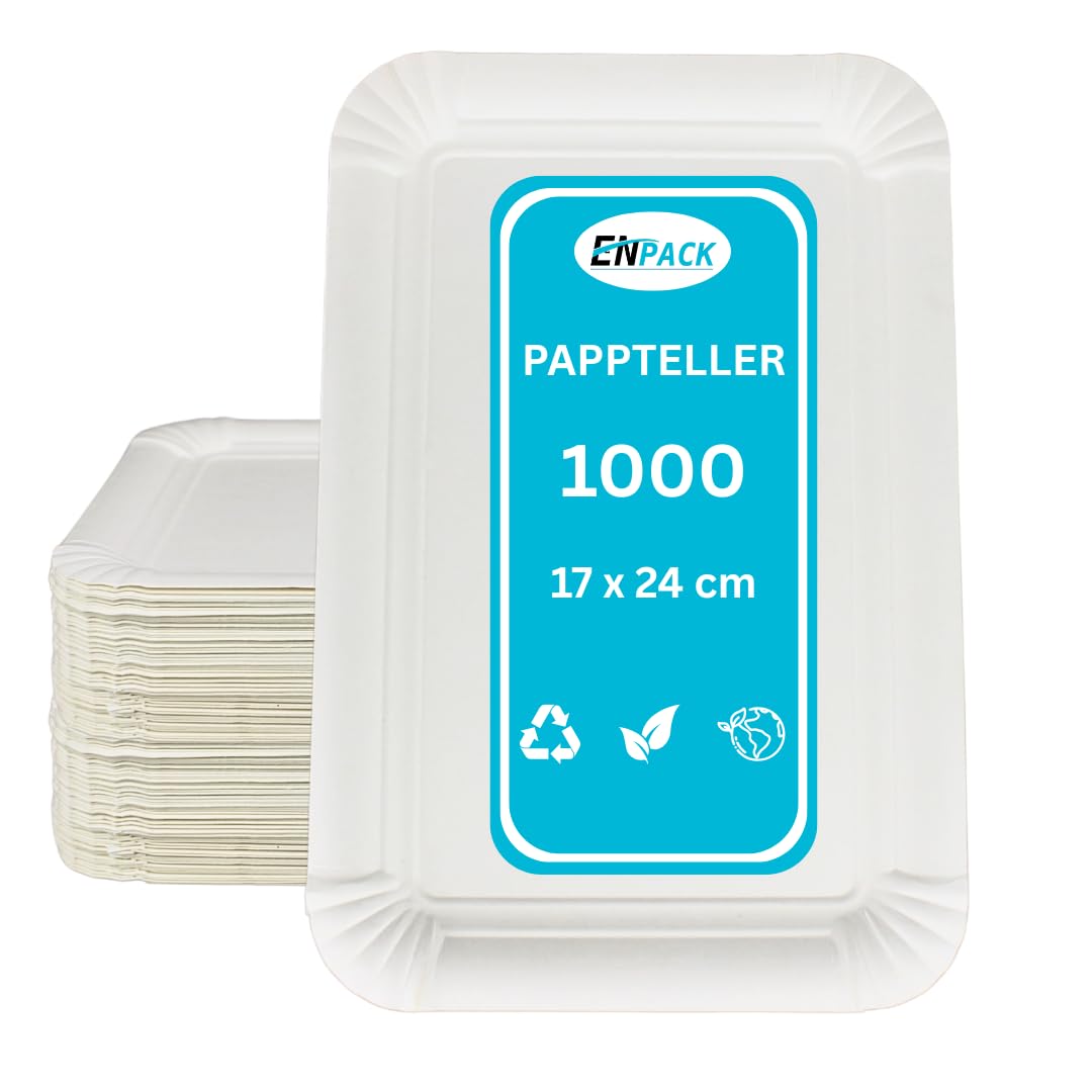 Enpack Einwegteller/Pappteller weiß, eckig 17x24 cm, Kuchenteller aus Frischfaserkarton - geeignet für Geburtstag, Party oder Grillfest, 100% biologisch abbaubar (1000 Stück)