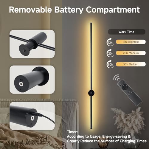 Image of Battery Operated Wall Sconces Set of 2, Rechargeable Wireless LED Wall Lights with Remote Control, Dimmable & 360 Rotatable, Modern Indoor Wall Lamp for Bedroom, Living Room, Hallway(40In)