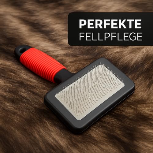 Lammfellbürste für Lammfelle und Schaffelle, Universal-Pflegebürste mit Softgriff, Hundebürste Langhaar, Fellbürste für Haustiere, Hunde Bürste und Katzenbürste Langhaar Kurzhaarbürste, schwarz/rot