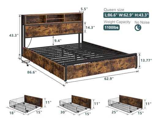 Image of EnHomee Queen Bed Frame with 6 Storage Drawers, Charge Station,Noise-Free