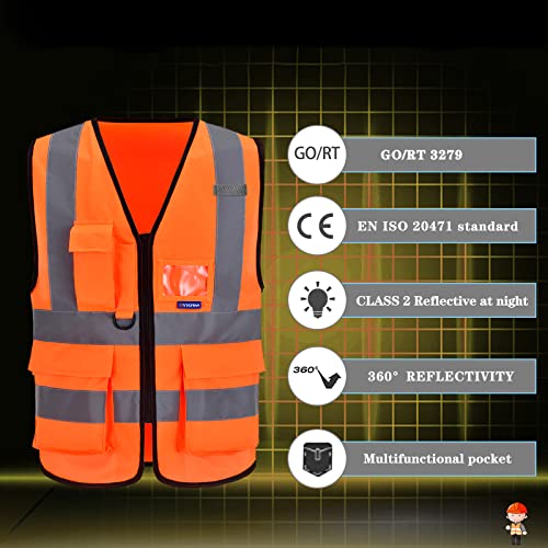 Image of ANSI /ISEA Standard Class 2 Hi-Vis Vest, Clear ID, Zip, Orange, 3XL | Orange 3XL Class 2 fabric work vest with clear ID holder, mic tabs and reflective strips for road work and utility work.