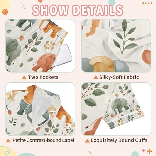 senya Elephants Plants Q Satin Summer Pajama Sets Silk Short Sleeve Button Down Sleepwear3