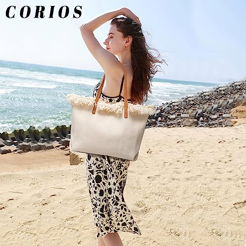 Image of CORIOS Tote Bag for Women Cute Canvas Shoulder Bag Summer Vibe Beach Bag Casual Handbag Bohemian Hobo Bag with Tassels