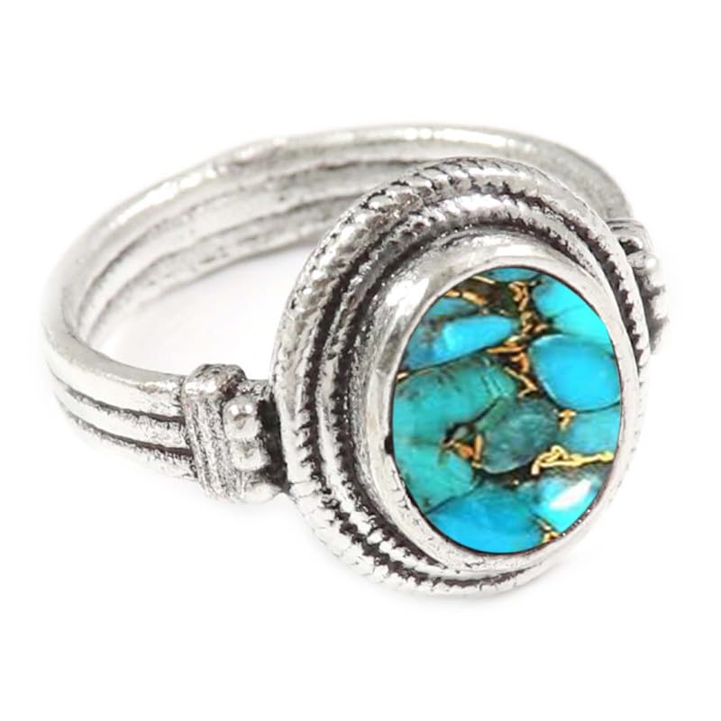 JEWELSTREZORO TSR354AA - Anillo de plata de ley 925 maciza con piedras preciosas de granate, para hombres y mujeres, hecho a mano, O, Metal Piedra preciosa., Azul cobre turquesa.