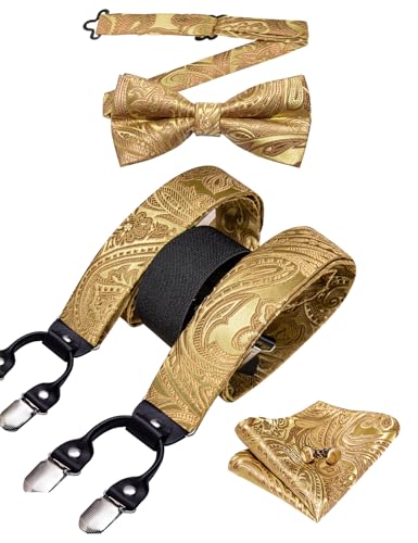 Image of YOHOWA Men Suspenders 6 Clips Strength Adjustable Y Braces Pre-Tied Bow Tie Set Formal Wedding Party